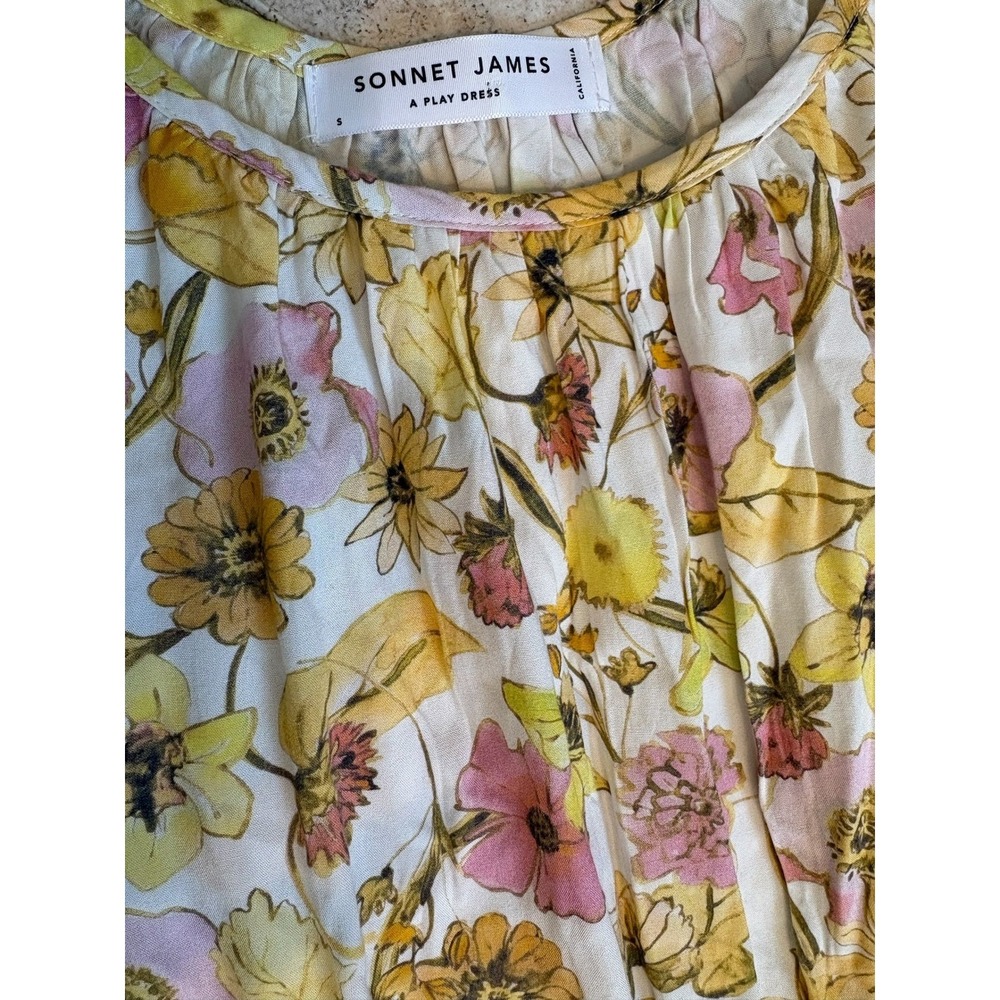 Sonnet James Floral Maxi Play Dress Yellow Pink 3/4 Sleeve Pockets Size S - Picture 3 of 4